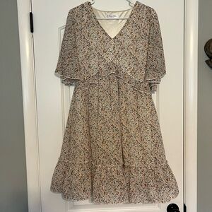 Mignon Cream and Floral V-Neck Dress
